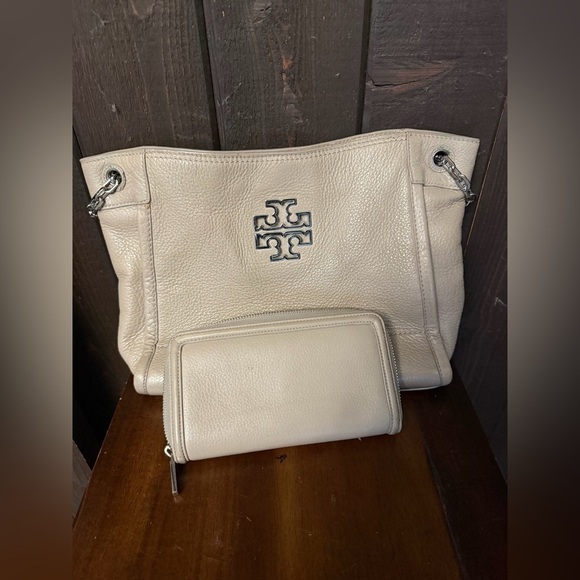 Women’s Tory Burch French Gray Pebble Leather Handbag Shoulder Bag Silver Chain